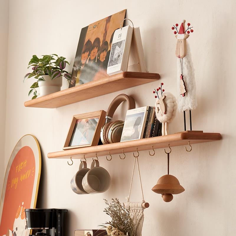 一字隔板置物架樱桃木厨房墙上隔板实木客厅卧室收纳层架定制书架