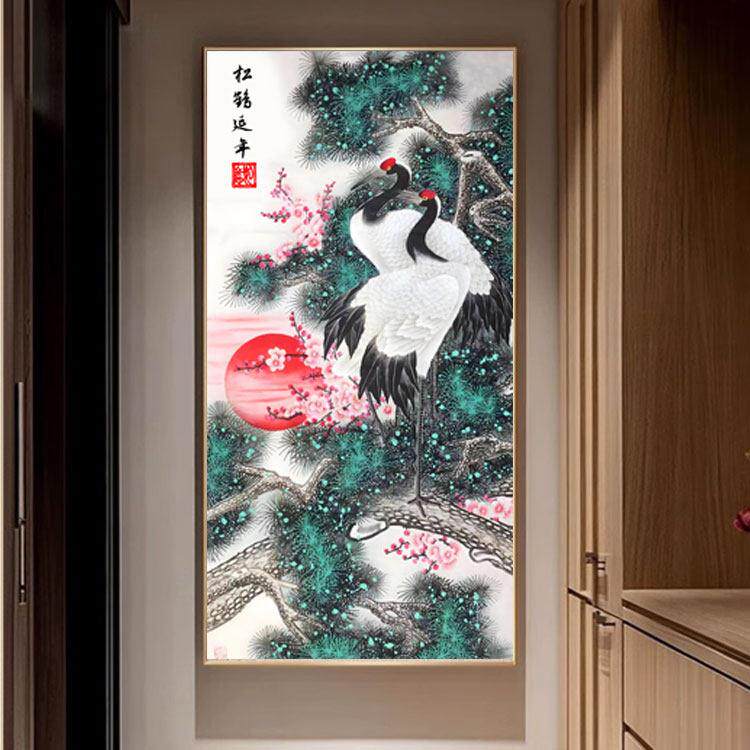 新中式松鹤延年挂画客厅入户玄关画国画竖画背景墙仙鹤图装饰画