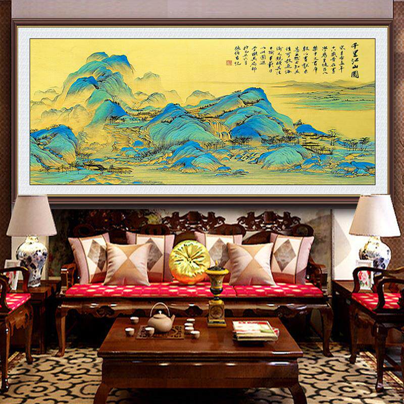 十字绣成品纯手工千里江山图新款客厅大幅风景山水画带框装裱出售