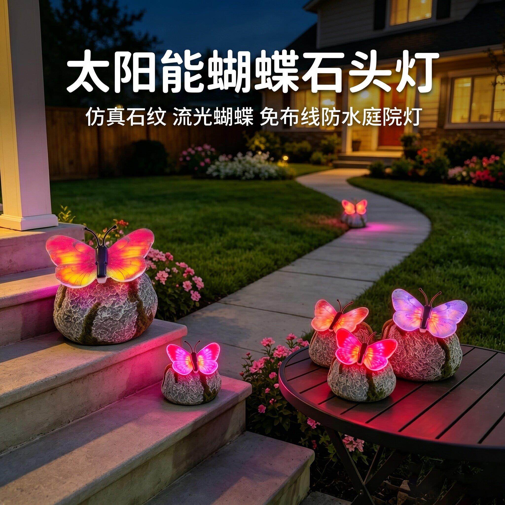太阳能蝴蝶石头灯户外庭院防水LED景观灯花园装饰摆件