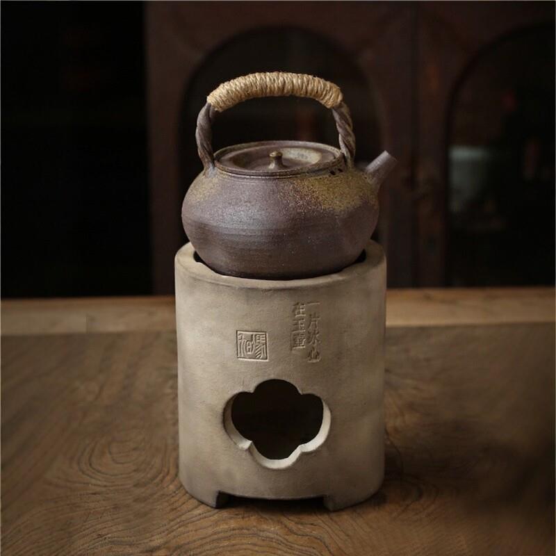 麻绳提梁柴烧手拉坯陶壶搭配白泥凉炉 潮州工夫茶炭炉围炉煮茶专