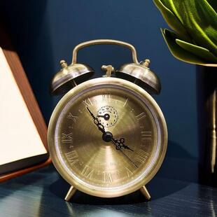 纯铜黄铜覆古拉丝老式机械发条闹钟上弦钟表风水铜闹钟座钟摆件