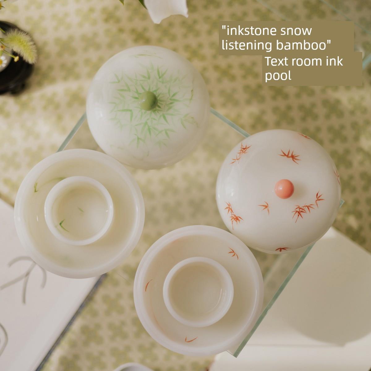 小山房“砚雪听竹”墨池陶瓷火锅砚不干墨盒带盖学习墨不干