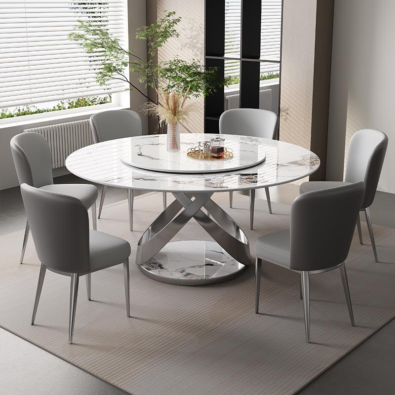 意式轻奢亮光岩板餐桌椅组合现代简约小户型家用超晶石圆形带转盘