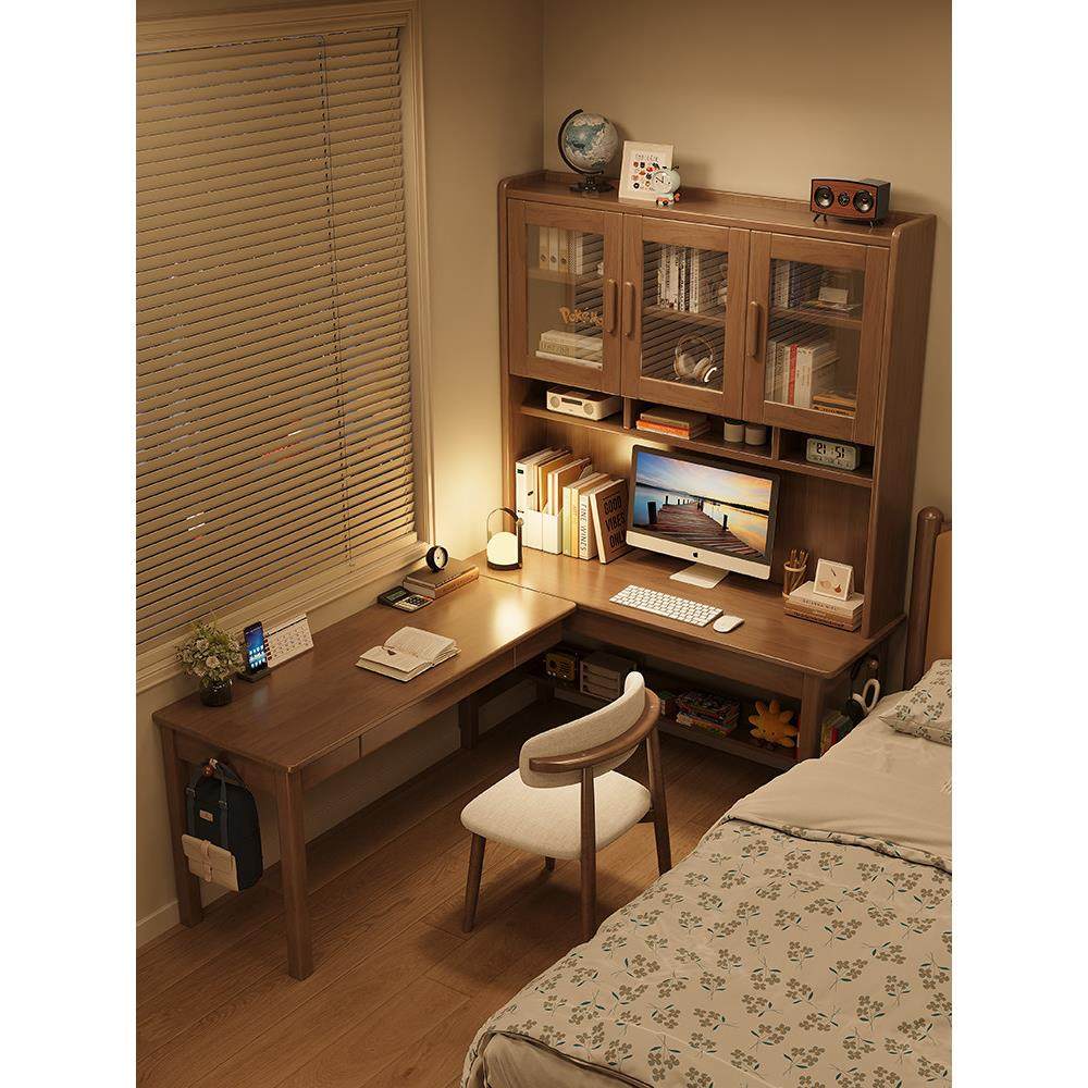 实木转角电脑桌卧室学生家用书桌书架一体桌双人学习桌拐角办公桌,住宅家具,转角桌,淘宝优惠券,粉丝福利购,淘宝优惠卷