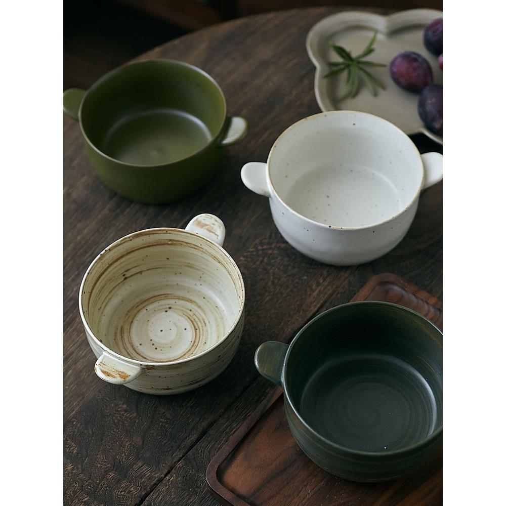 玩物志日式粗陶双耳碗小汤碗水果沙拉碗拌饭碗复古可爱面碗水果碗