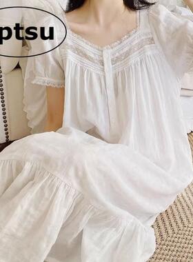 日本GP白色法式宫廷风睡裙女夏季短袖纯棉公主风中长版睡衣家居服