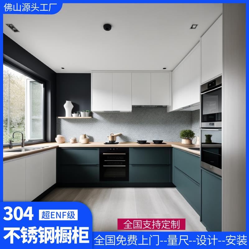 不锈钢厨房整体橱柜定做不锈钢台面一体式开放式橱柜定制工厂直销