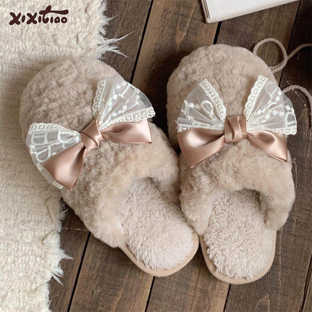 细细条 秋冬季甜美蕾丝蝴蝶结毛毛鞋平底防滑女士休闲居家棉拖鞋,居家布艺,居家棉拖/棉鞋,淘宝优惠券,粉丝福利购,淘宝优惠卷