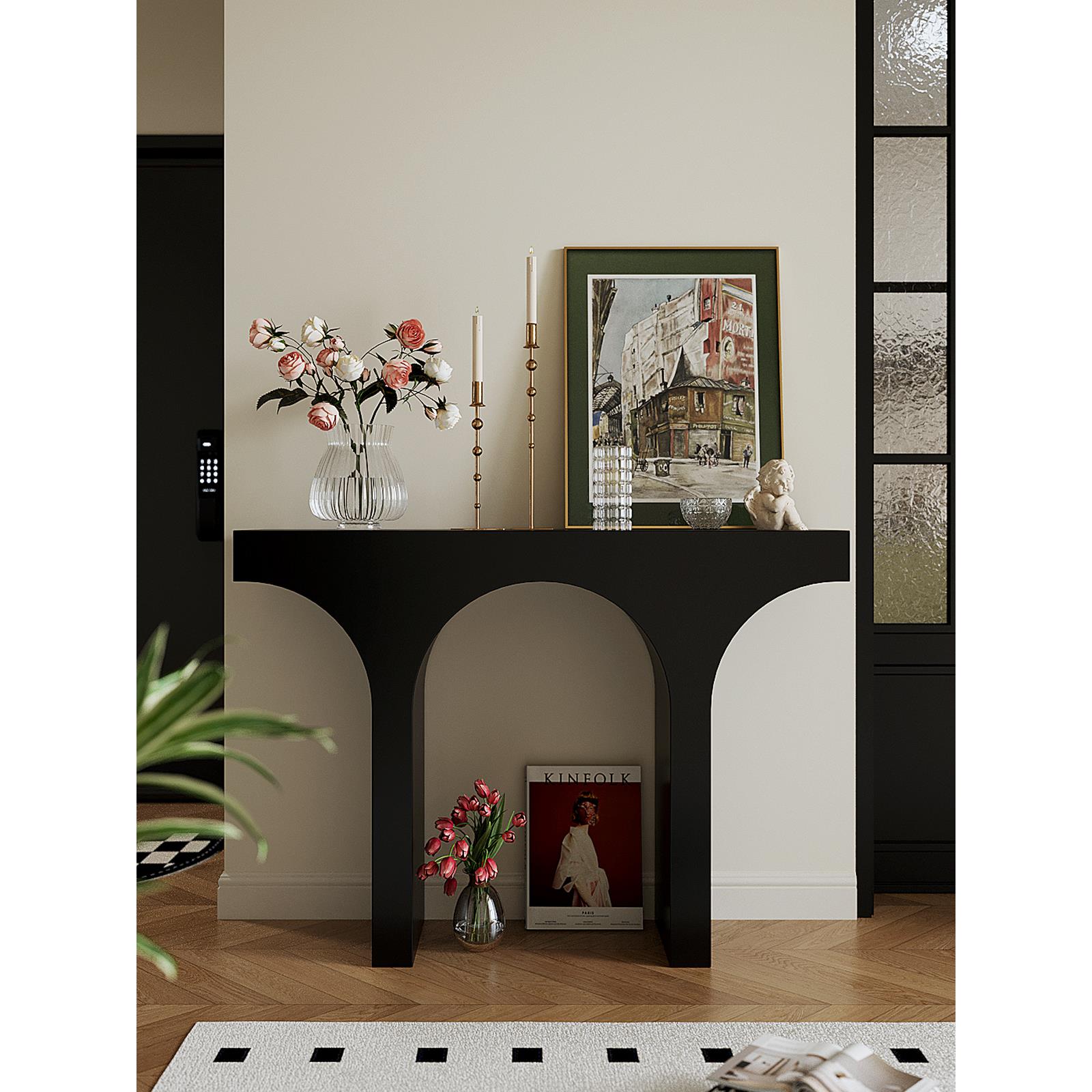 法式玄关柜入户正对门简约客厅黑色壁炉装饰柜现代轻奢靠墙展示架