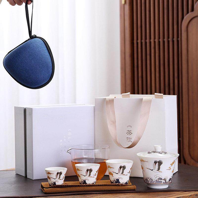 德化陶瓷盖碗过滤泡茶器玻璃一壶三杯户外功夫茶具套装礼盒便携包