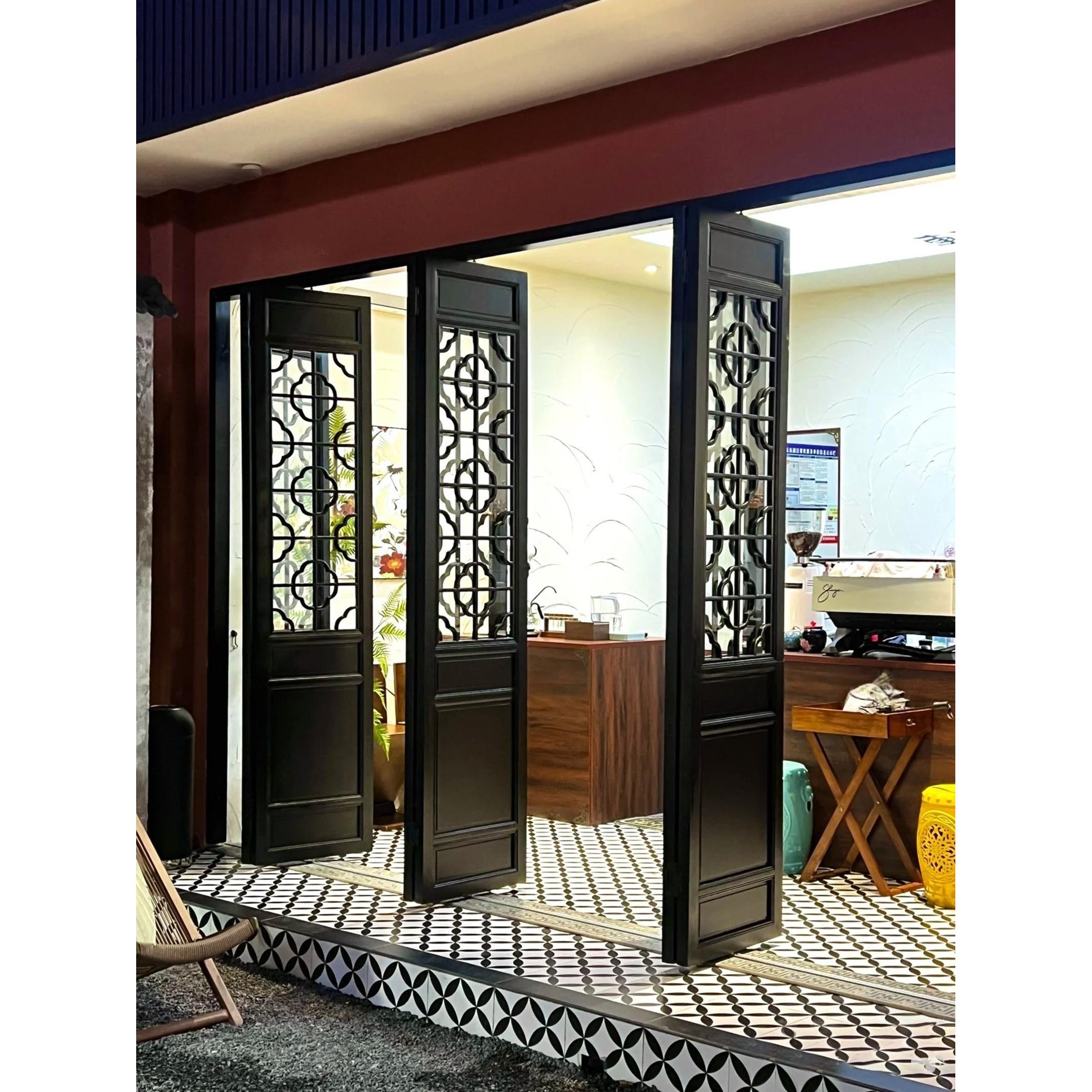 东阳木雕复古茶室仿古做老旧实木门窗雕花格海棠屏风隔断对开门