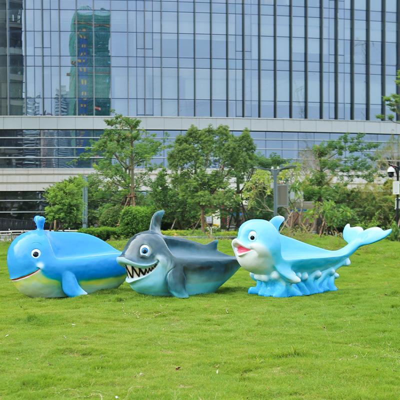 玻璃钢坐凳户外鲸鱼海豚鲨鱼卡通游乐场海洋元素动物休闲座椅装饰