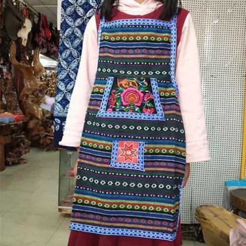 云南民族风围裙加厚棉麻餐厅工作服围裙绣花围腰服务员围裙围腰