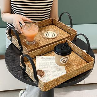 客厅茶点盘零食果盘 藤编托盘茶盘家用餐桌收纳盘水杯茶杯托盘日式