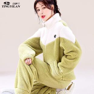 法兰绒睡衣伊兰珊瑚汀春天绒秋冬季 套装 女加绒加厚毛绒外穿家居服