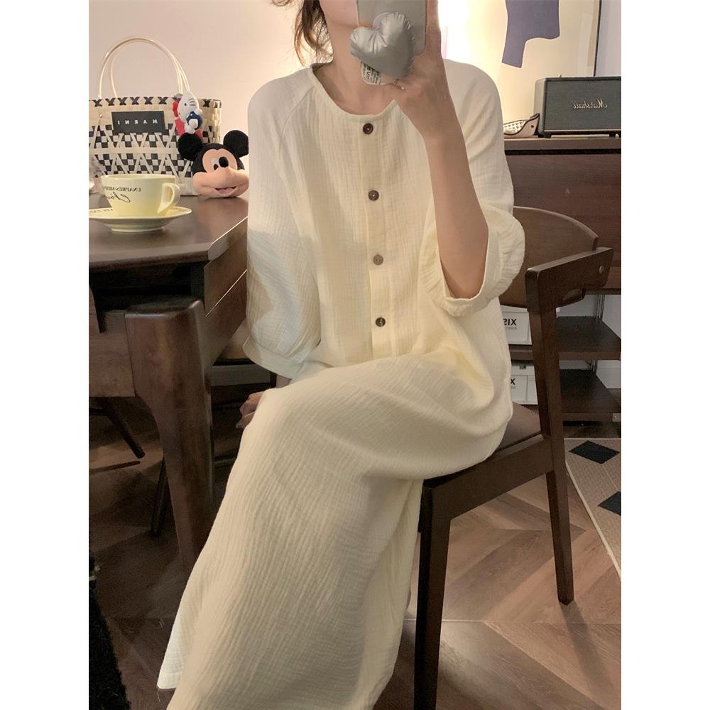 睡裙春秋季女款长袖简约纯色肌理木扣素雅双层棉纱布连衣裙家居服