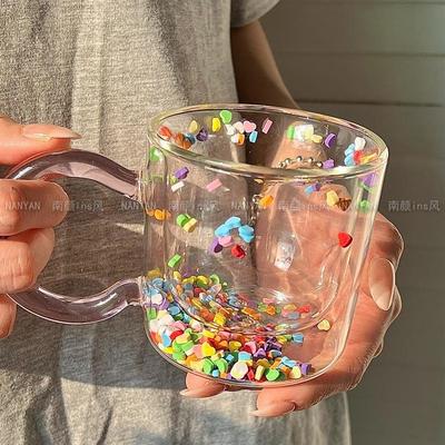 创意彩色啵啵杯可爱玻璃杯花朵流沙高硼硅双层咖啡杯ins小众杯子