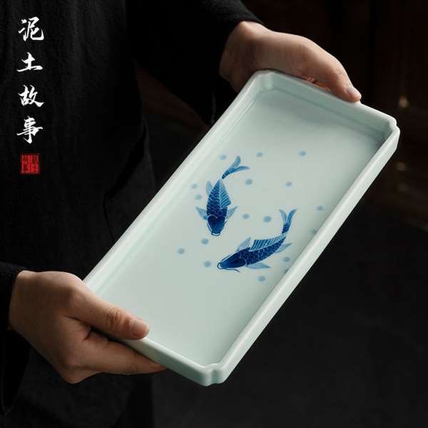 功夫手绘鱼趣长方形青瓷壶承茶道茶承干泡茶盘壶台茶具手工