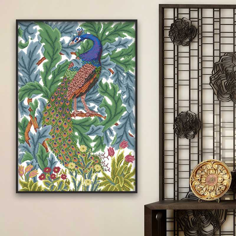 新款布艺十字绣美丽孔雀大幅竖版客厅装饰画中国风工艺品一件代发图片