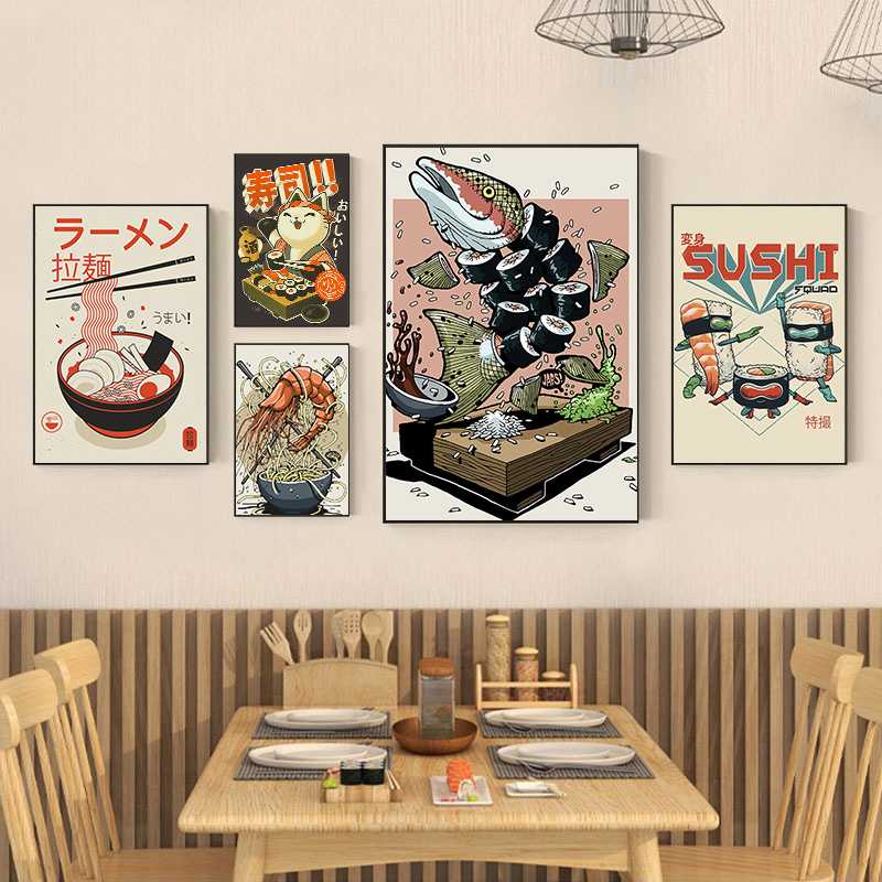 日式拉面店装饰画和风日料寿司店墙面挂画创意卡通动物居酒屋壁画图片