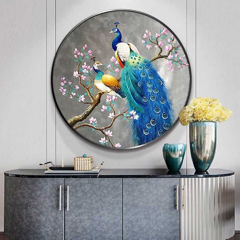 孔雀油画入户玄关装饰画圆形卧室床头挂画美式轻奢客厅餐厅壁画图片