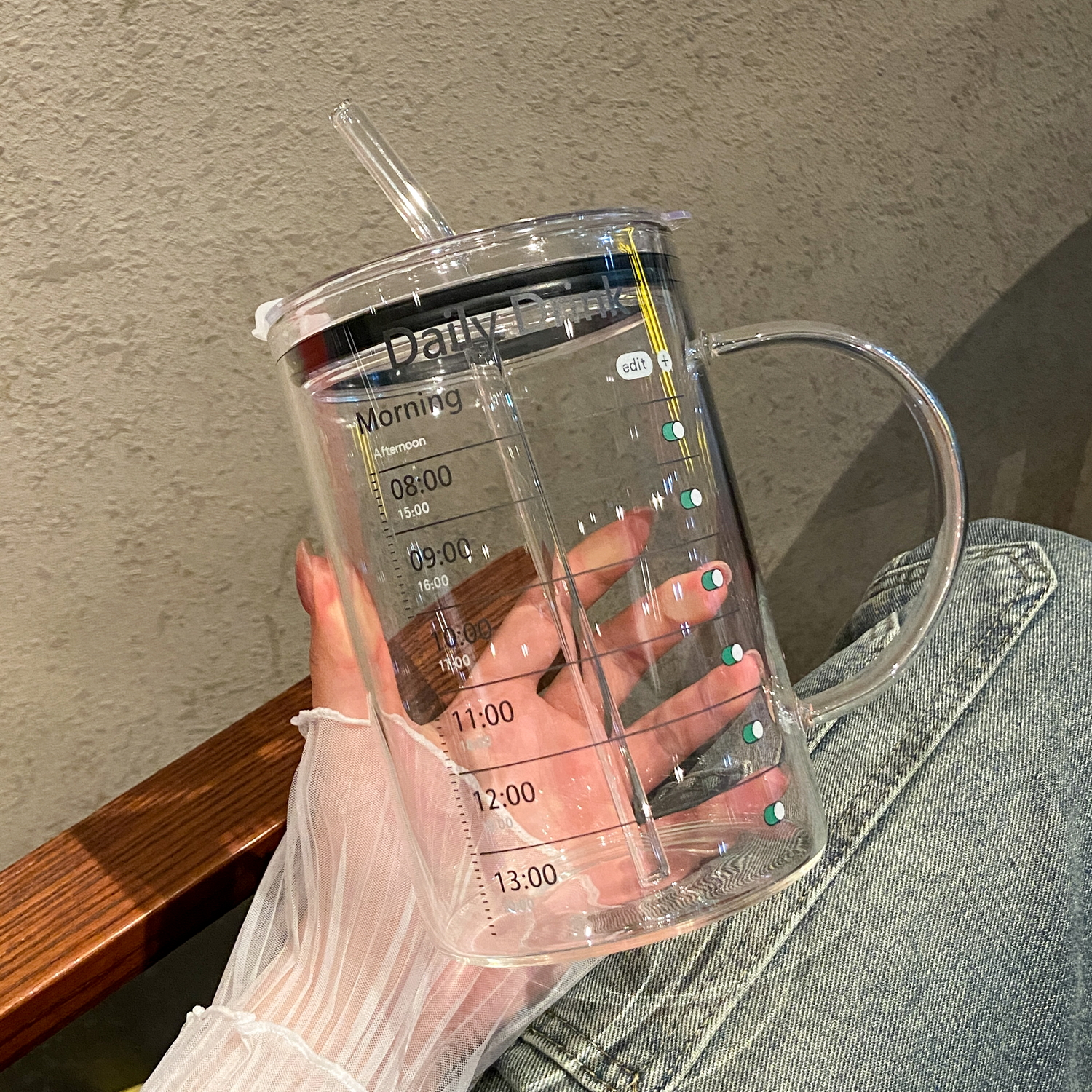 1000ml大容量闹钟喝水玻璃杯女把手水杯吸管杯子创意刻度杯果汁杯