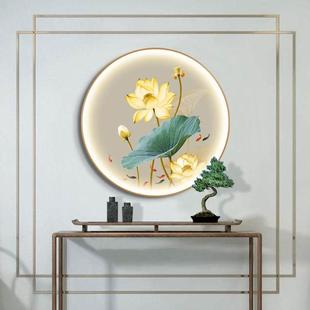 圆形带灯装饰画新中式荷花壁画饭厅茶室卧室走廊玄关挂画入户墙画