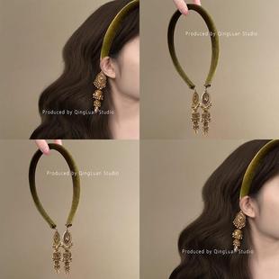 绿茵森林 流苏发箍贵气感碎钻压发头箍渐变绿丝绒发捆盘发器 中式