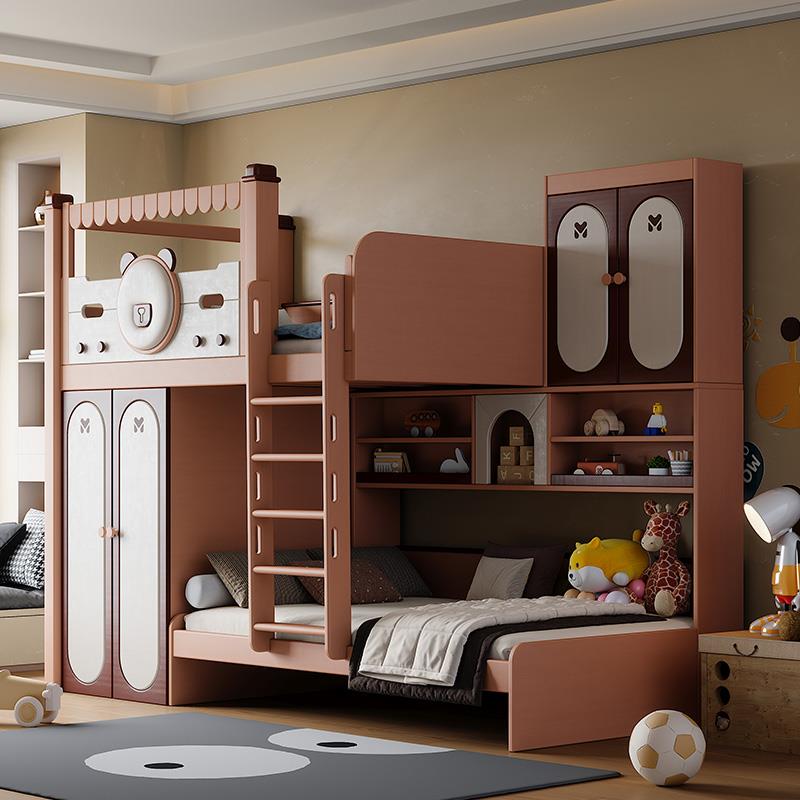 全实木交错式上下床儿童床错位型双层床平行床衣柜组合床
