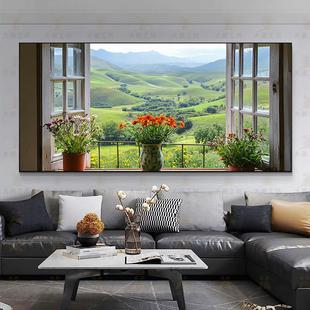 田园风春暖花开 彷真假窗户风景壁画 画客厅空间延伸感装饰画 画