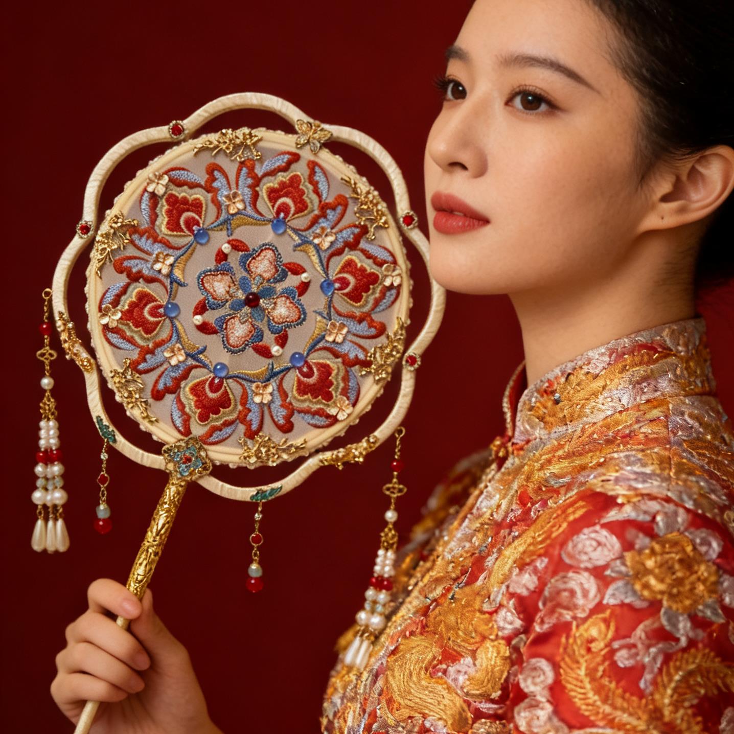鲸鹿原创花瓣双圈团花绣花中式国风中式龙凤挂结婚新娘喜扇