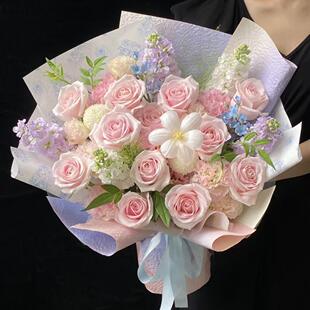 北京上海杭州成都生日鲜花速递同城配送粉雪山玫瑰花束送女友