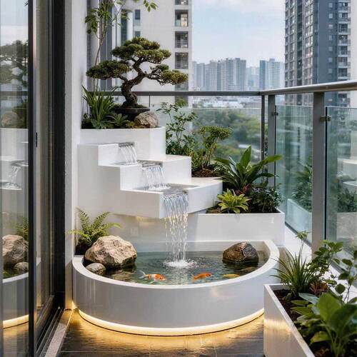 半轮月阳台不锈钢鱼池花箱金属流水摆件室外露台庭院水景瀑布