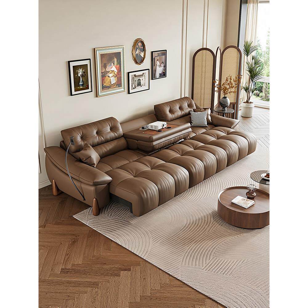 顾菲意式覆古头层真皮电动沙发客厅现代直排多功能伸缩两用沙发床