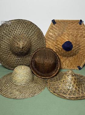 民俗老物件草帽斗笠矿工帽子老式斗笠帽子编制影视道具装饰品摆件