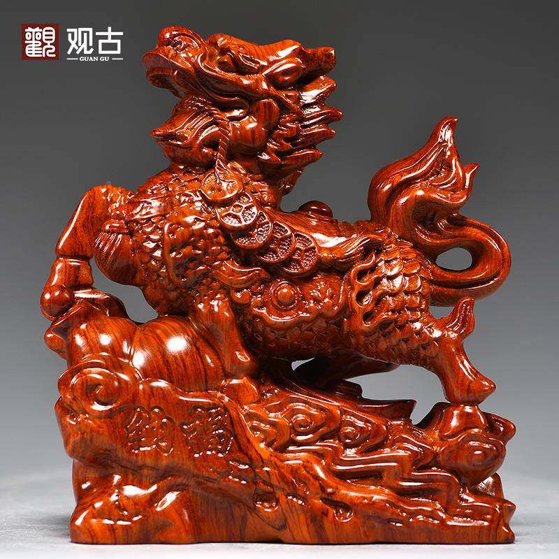 梨木雕麒麟摆件一饰对家用玄花关书面房办公桌GG01397装品开业送