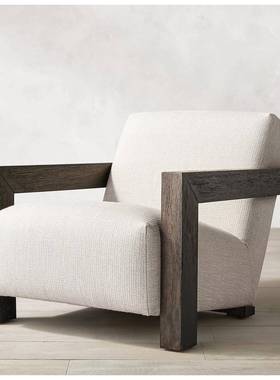 美式复古实木卧室休人闲椅现简约客LGL厅家用布白色亚代麻艺单沙