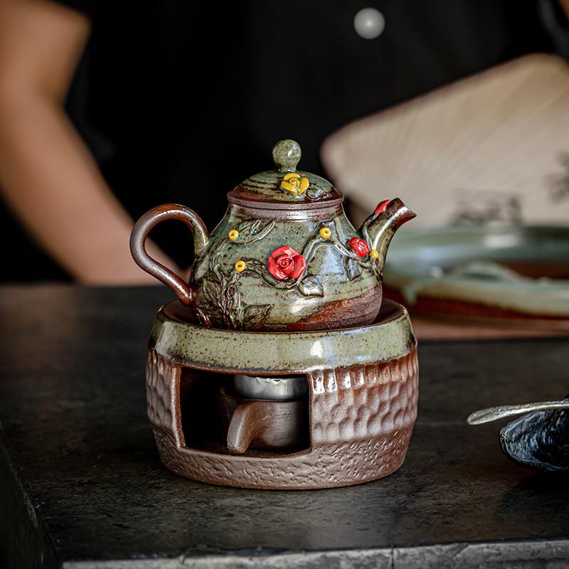 粗陶柴烧温茶炉古暖茶器蜡加热WMA底座茶壶壶小复茶烛台家用提梁
