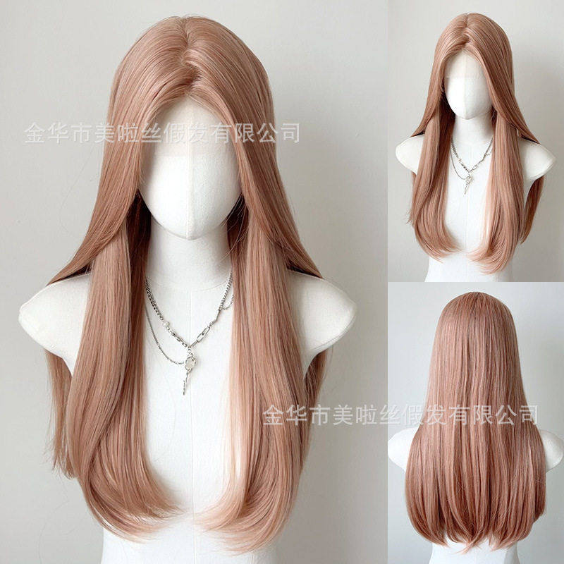 跨境直销假发女前额蕾丝香槟西柚粉色气质中分长直发假发全头套式,美发护发/假发,日常整顶假发,淘宝优惠券,粉丝福利购,淘宝优惠卷