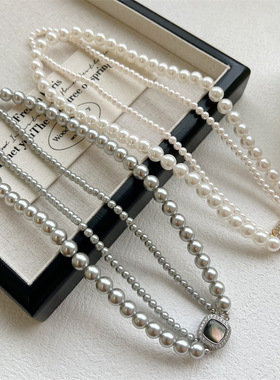 轻奢小众名媛风高级感 法式浪漫双层叠戴 超仙复古贝母扣锁骨