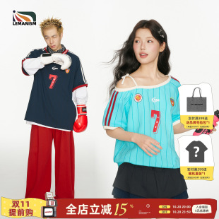 lemanism美式V领撞色运动T恤短袖球衣男2026夏季新款情侣款球服女