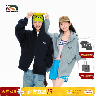 lemanism重磅400g灰色拉链连帽开衫 运动潮牌女 卫衣外套男情侣秋季