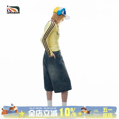 lemanism美式水洗牛仔短裤夏季宽松休闲中裤七分裤潮牌情侣直筒裤