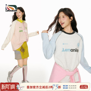 打底衫 lemanism美式 T恤男2026春季 长袖 女 潮流撞色字母印花插肩袖