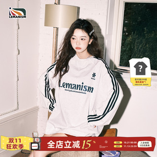 lemanism270g纯棉三条杠圆领长袖T恤男春季情侣卫衣无帽体恤衫女