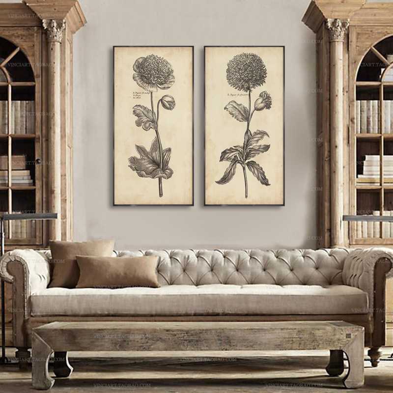 RH复古怀旧美式乡村大气艺术客厅餐厅线描植物花卉绘本装饰挂画图片