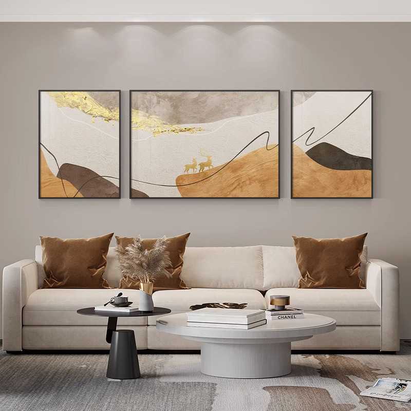 现代简约装饰画客厅抽象沙发背景墙三联挂画有鹿生财床头大气壁画图片