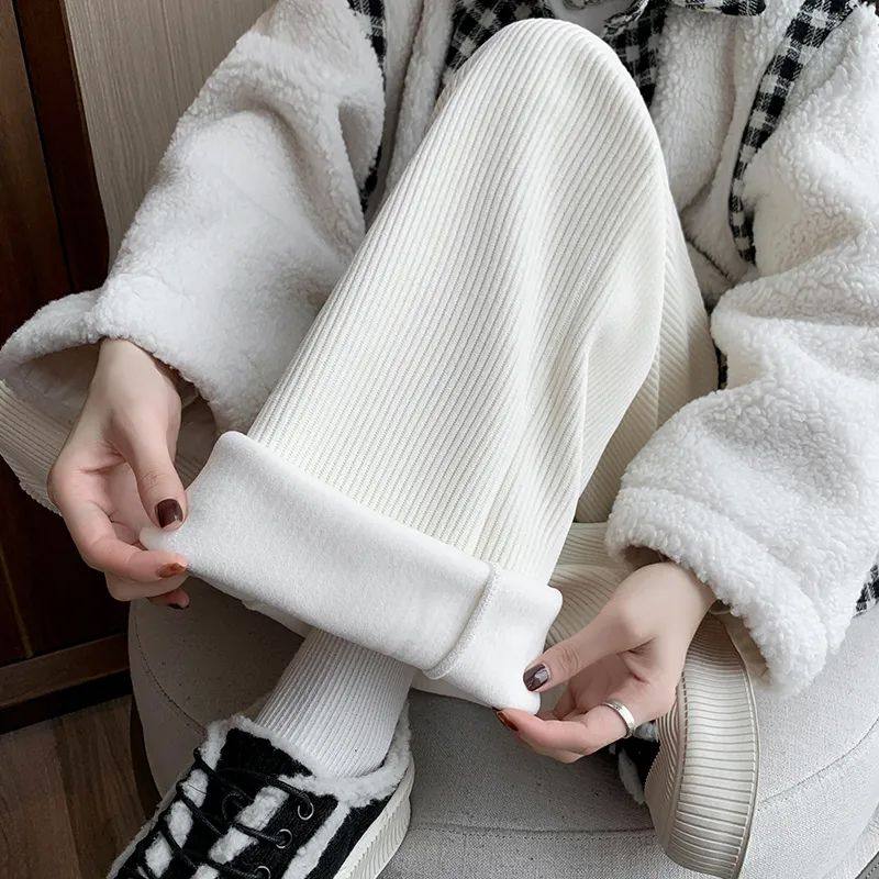 米白色醋酸羊毛阔腿裤女秋冬2025新款小个子毛呢直筒加绒糯米裤子