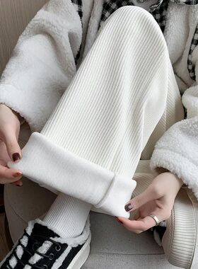 米白色醋酸羊毛阔腿裤女秋冬2025新款小个子毛呢直筒加绒糯米裤子